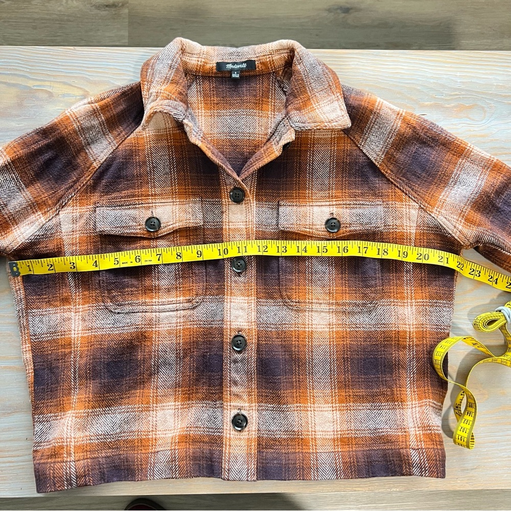 Madewell Flannel Crop Shirt-Jacket in Plaid -Size Small -Orange, Brown - Picture 5 of 7